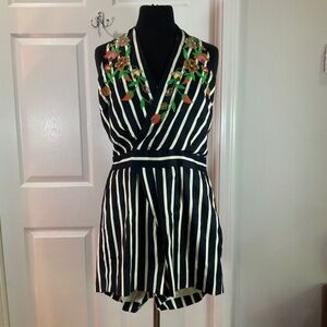 Anthropologie Judith March Romper Embroidered Halter Floral Stripe Size Small